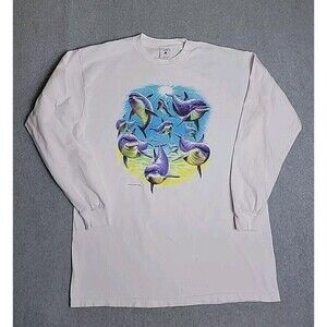 Vintage Dolphin Shirt Mens L White Long Sleeve Delta Cotton‎ Comkon Threads 90s